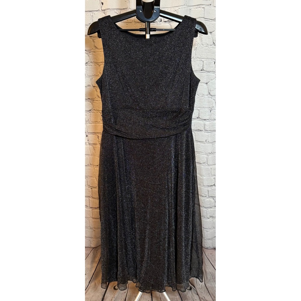 Perceptions New York Womens Black‎ Shimmer Metallic Ruched Midi Dress Size 16